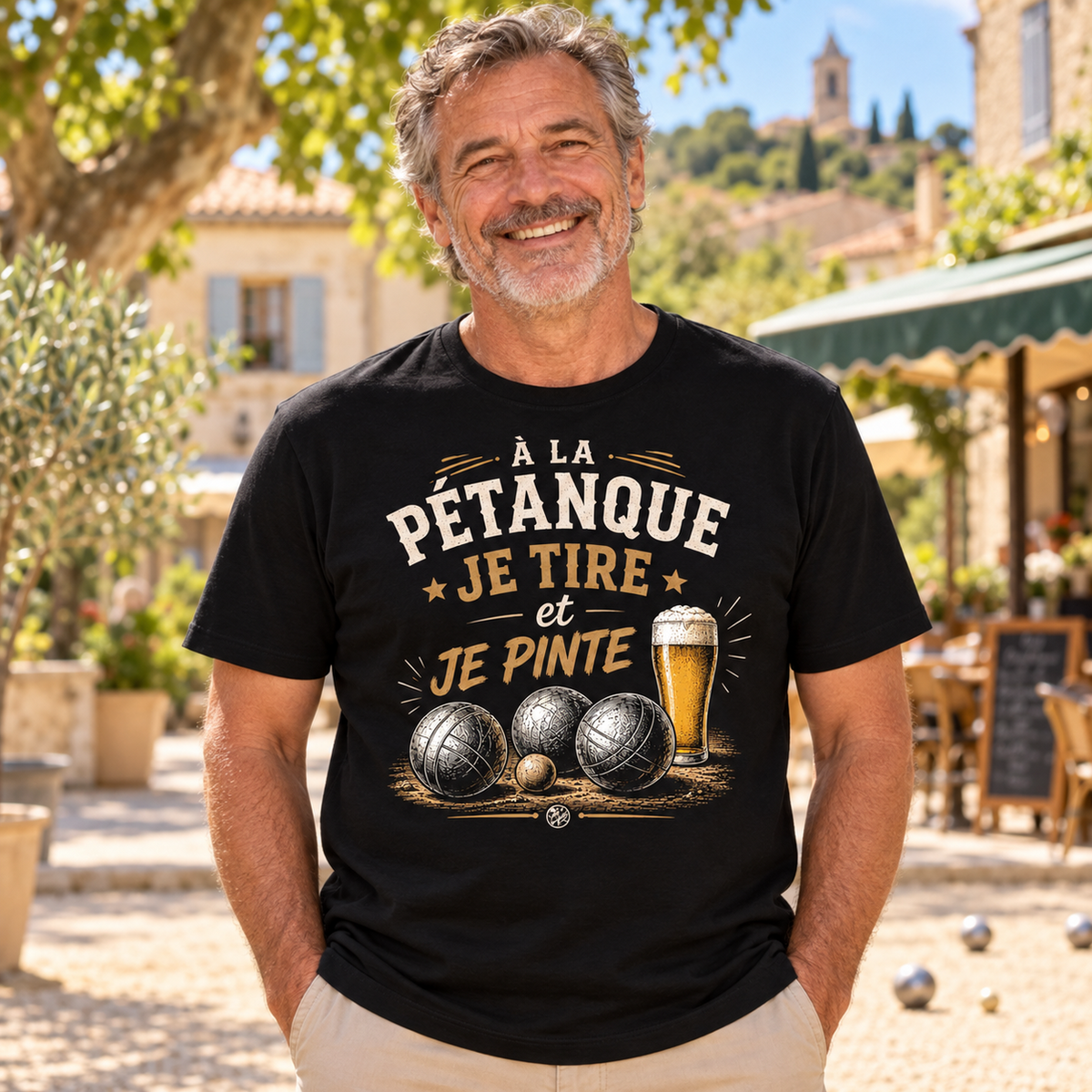 T-shirt pétanque humour – À la pétanque je tire et je pinte