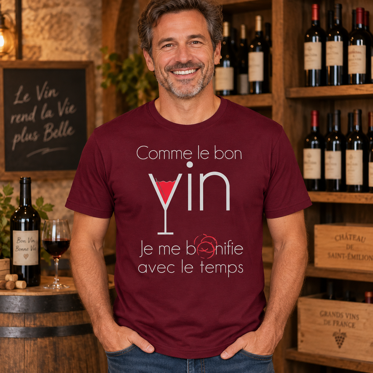 T-shirt humour vin homme – Comme le bon vin, je me bonifie avec le temps