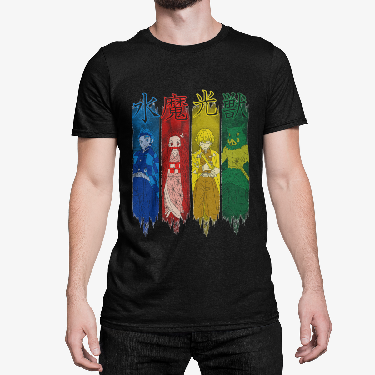 T-Shirt Homme Chasseurs de Démons Fantaisie – Guerriers Élémentaires Style Manga