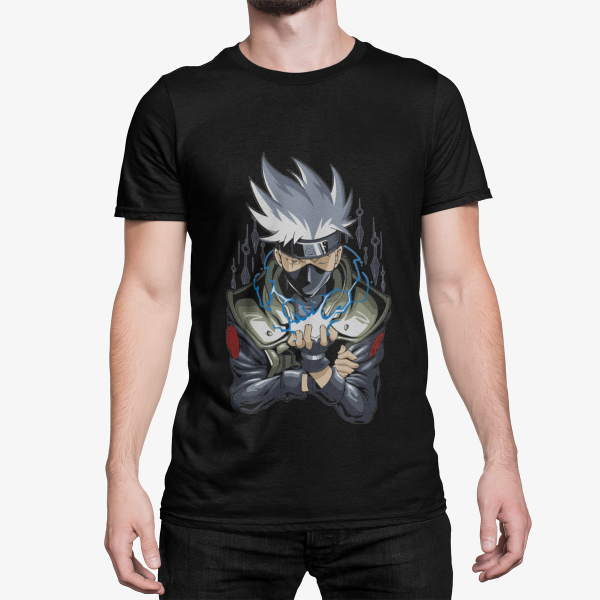 T-Shirt Homme Ninja Masqué – Design Manga Éclair Bleu