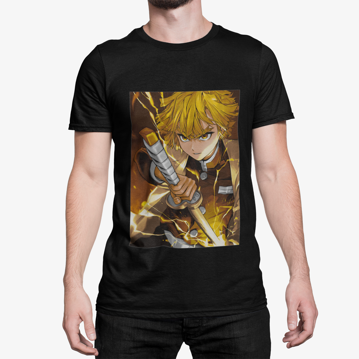 T-Shirt Noir Manga Épéiste Foudre — Design Éclair & Katana