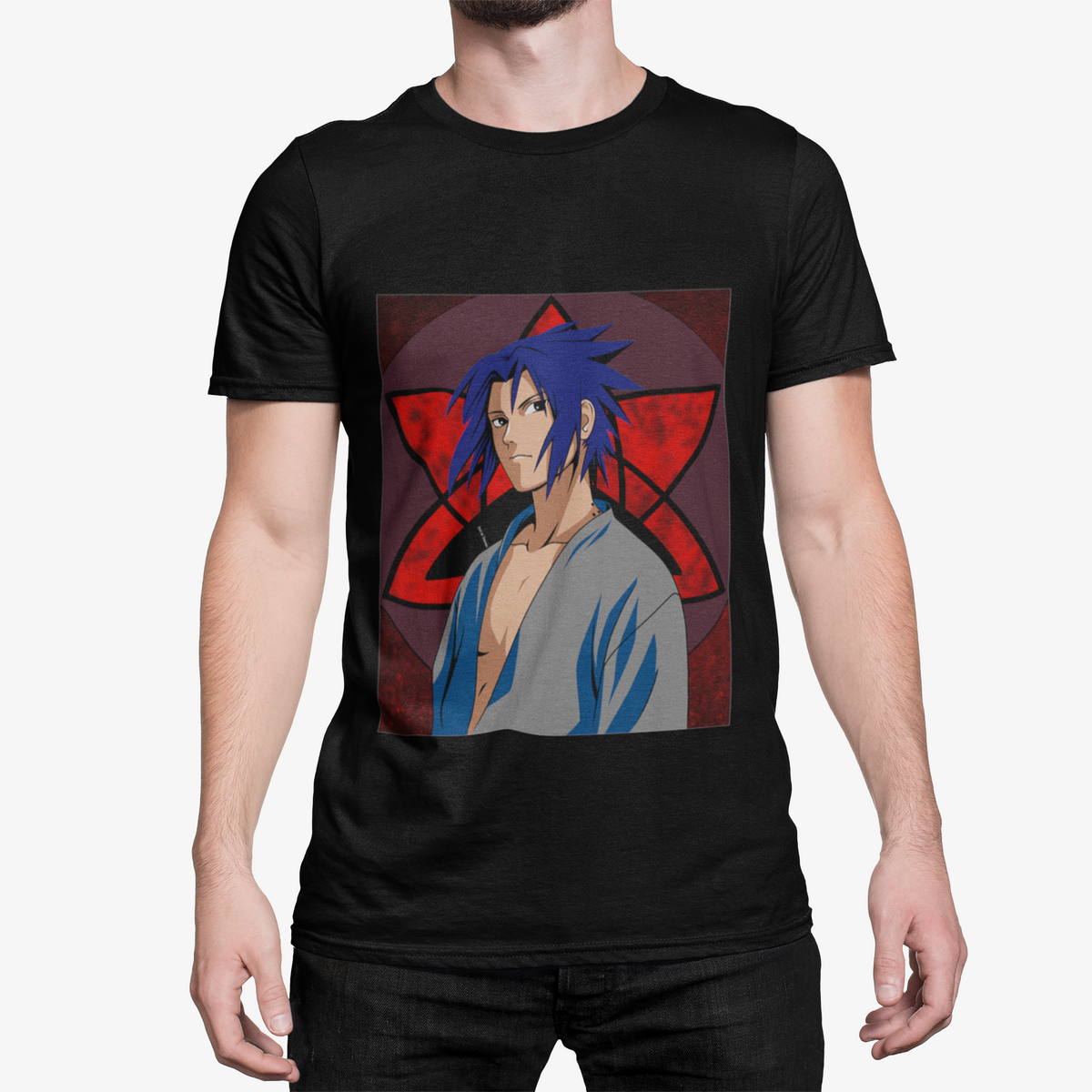 T-Shirt Noir Manga Ninja — Design Guerrier aux Cheveux Bleus