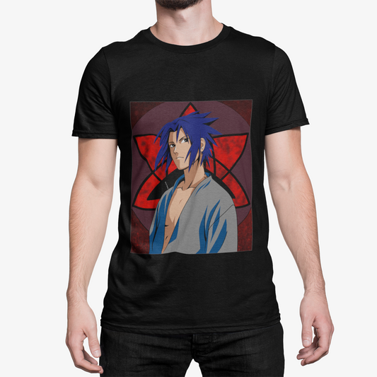 T-Shirt Noir Manga Ninja — Design Guerrier aux Cheveux Bleus