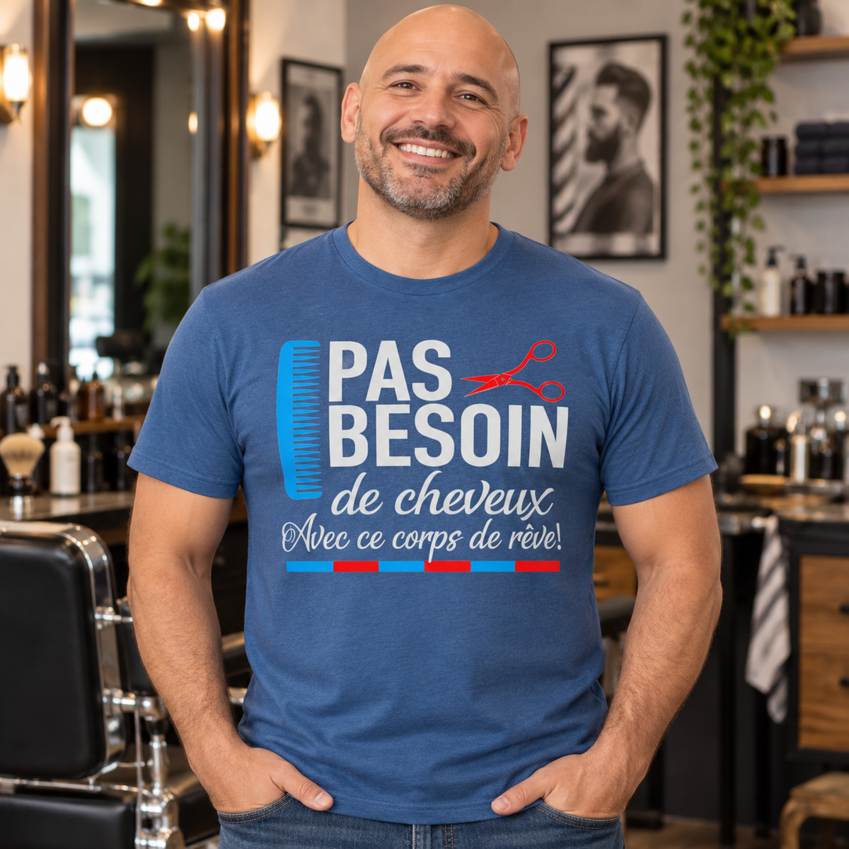 T-shirt homme chauve humour – Pas besoin de cheveux avec ce corps de rêve