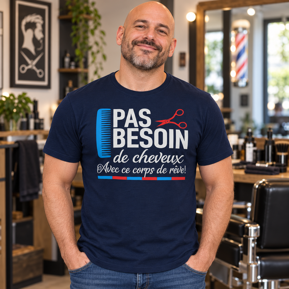 T-shirt homme chauve humour – Pas besoin de cheveux avec ce corps de rêve