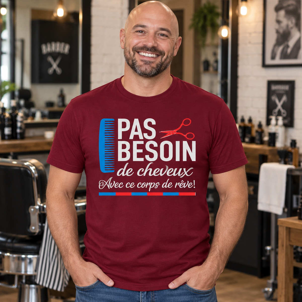 T-shirt homme chauve humour – Pas besoin de cheveux avec ce corps de rêve