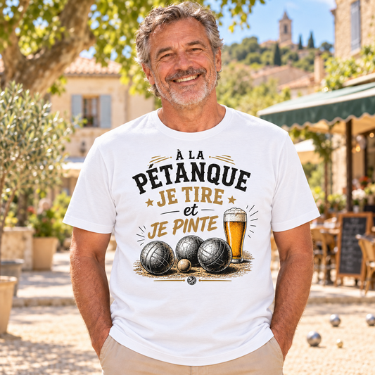 T-shirt pétanque humour – À la pétanque je tire et je pinte