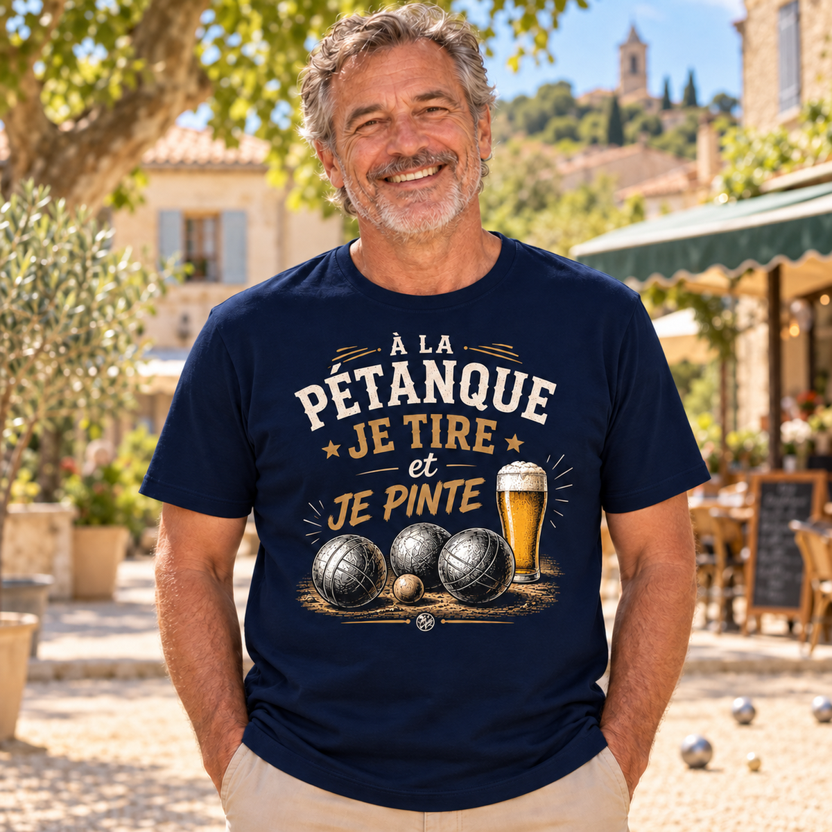 T-shirt pétanque humour – À la pétanque je tire et je pinte