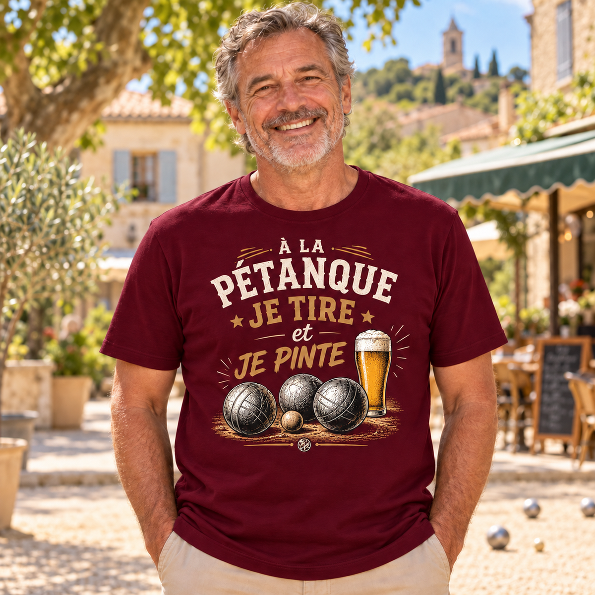 T-shirt pétanque humour – À la pétanque je tire et je pinte